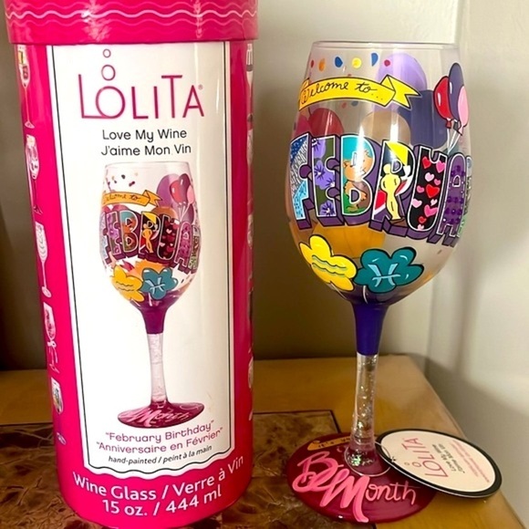 Brand New Lolita Hand-Painted 15 Oz Wine Glass February Birthday Month Colorful - Picture 1 of 16
